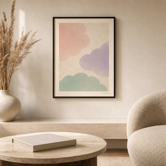 Pastel Drift Composition Poster — Three pastel cloud shapes pink lavender mint dreamy drift, lifestyle in interior, Atelier Poster