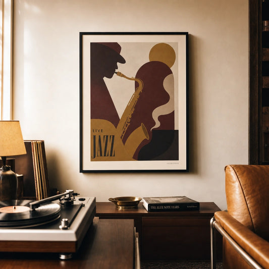 Vintage Jazz Club Poster — 1950s jazz saxophone burgundy and warm gold club aesthetic, lifestyle in interior, Atelier Poster