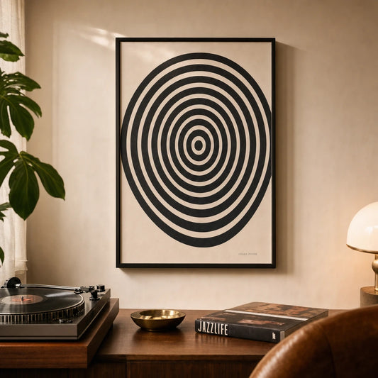 Mod Geometric Op-Art Poster — 1960s mod op-art concentric circles black and white optical, lifestyle in interior, Atelier Poster