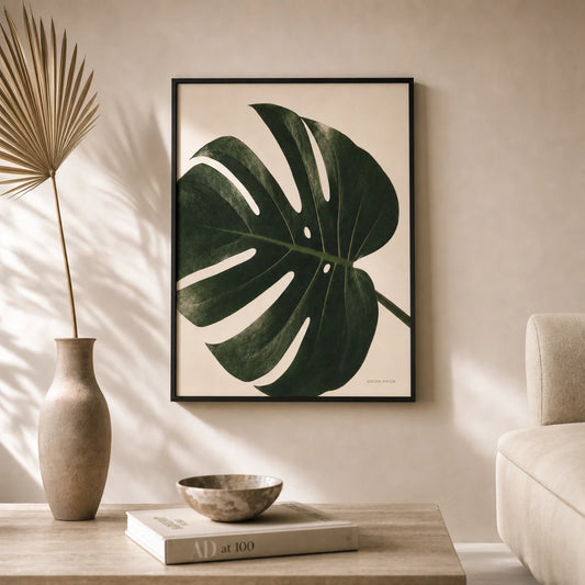 Oversized Monstera Leaf Poster — Oversized monstera leaf with splits deep tropical green, lifestyle in interior, Atelier Poster