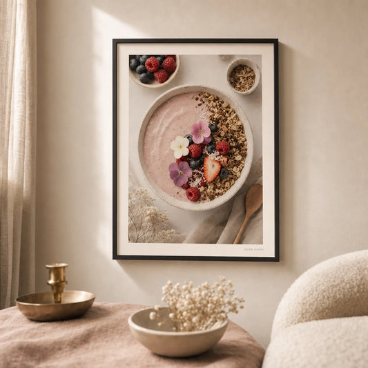 Clean Girl Smoothie Bowl Poster — Aerial smoothie bowl berries granola clean girl aesthetic, lifestyle in interior, Atelier Poster