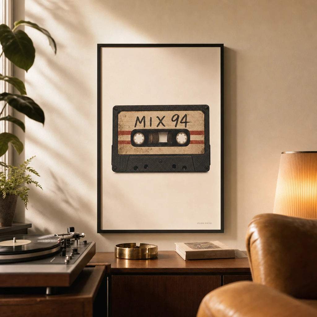 90s Grunge Cassette Poster — Vintage 90s cassette MIX 94 grunge hand-drawn lo-fi, lifestyle in interior, Atelier Poster