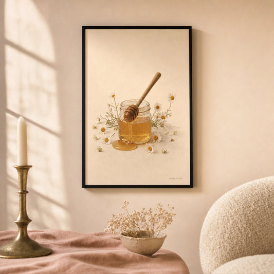 Cottagecore Honey Jar Poster — Honey jar with wooden dipper and daisies cottagecore, lifestyle in interior, Atelier Poster