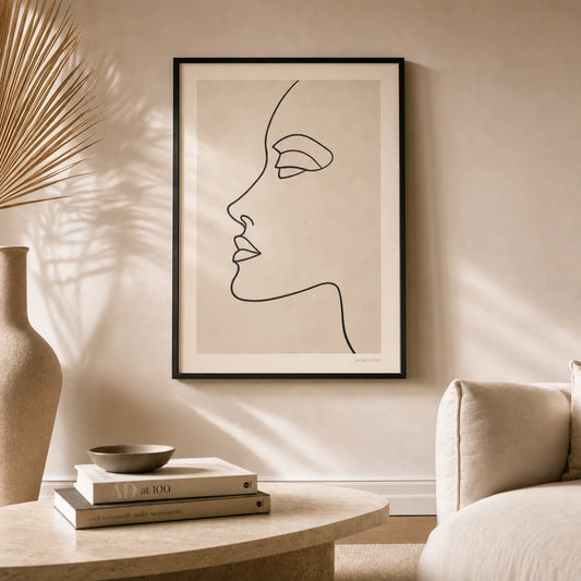 Oversized Profile Portrait Poster — Oversized continuous-line face profile portrait modernist, lifestyle in interior, Atelier Poster