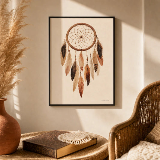 Bohemian Dreamcatcher Poster — Single woven dreamcatcher with feathers in warm earth tones, lifestyle in interior, Atelier Poster