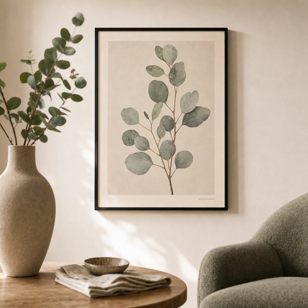 Eucalyptus Branch Study Poster — Vintage herbarium-style eucalyptus branch in soft sage, lifestyle in interior, Atelier Poster