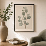 Eucalyptus Branch Study Poster — Vintage herbarium-style eucalyptus branch in soft sage, lifestyle in interior, Atelier Poster