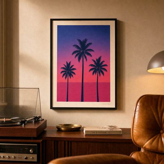 Miami Palms Neon 80s Poster — Three palm silhouettes Miami Vice pink cobalt sunset 1987, lifestyle in interior, Atelier Poster