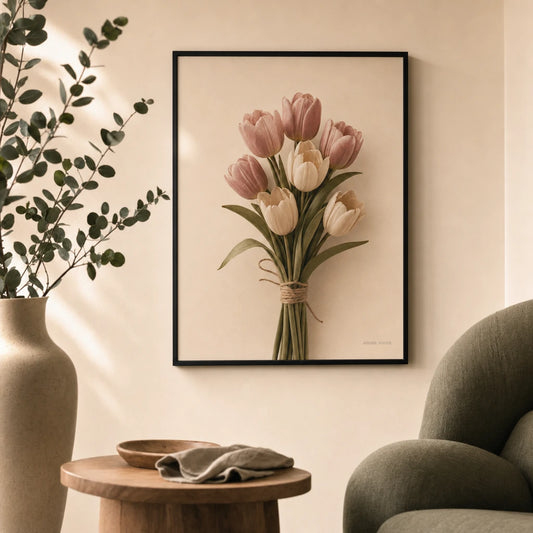 Tulip Bouquet Spring Poster — Hand-tied bouquet of seven tulips in dusty pink and cream, lifestyle in interior, Atelier Poster