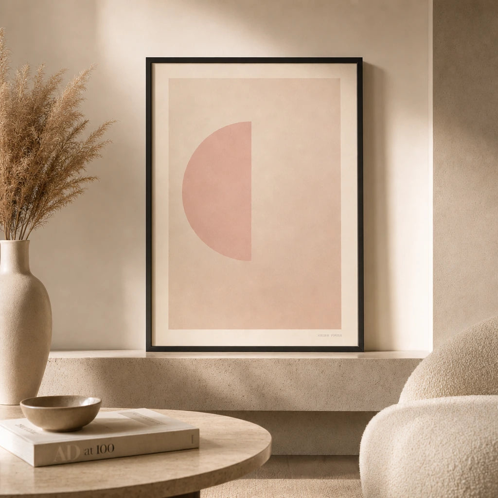 Pale Pink Half-Moon Soft Poster — Pale pink half-moon soft pastel feminine minimalist, lifestyle in interior, Atelier Poster