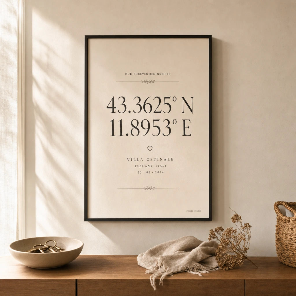 Wedding Coordinates Custom Poster — Personalized wedding venue coordinates elegant serif typography, lifestyle in interior, Atelier Poster