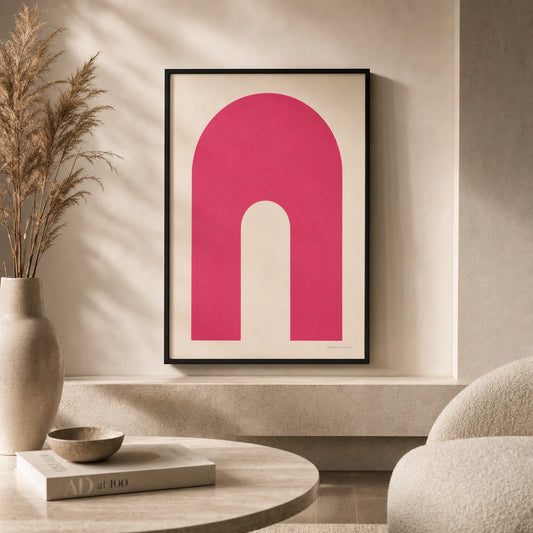 Hot Pink Arch Bold Poster — Bold hot pink arch saturated modern statement composition, lifestyle in interior, Atelier Poster