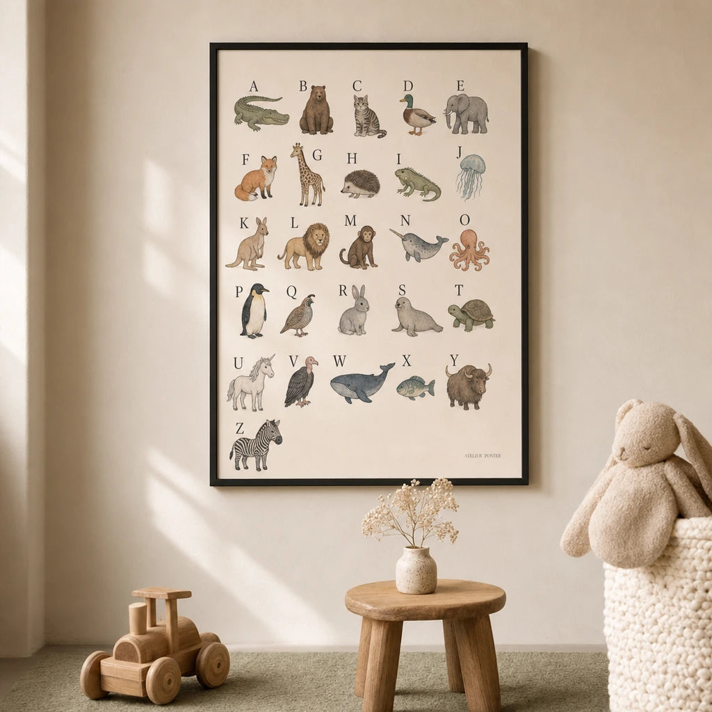 ABC Animal Alphabet Poster — Animal alphabet A-Z in soft pastel illustration tones, lifestyle in interior, Atelier Poster