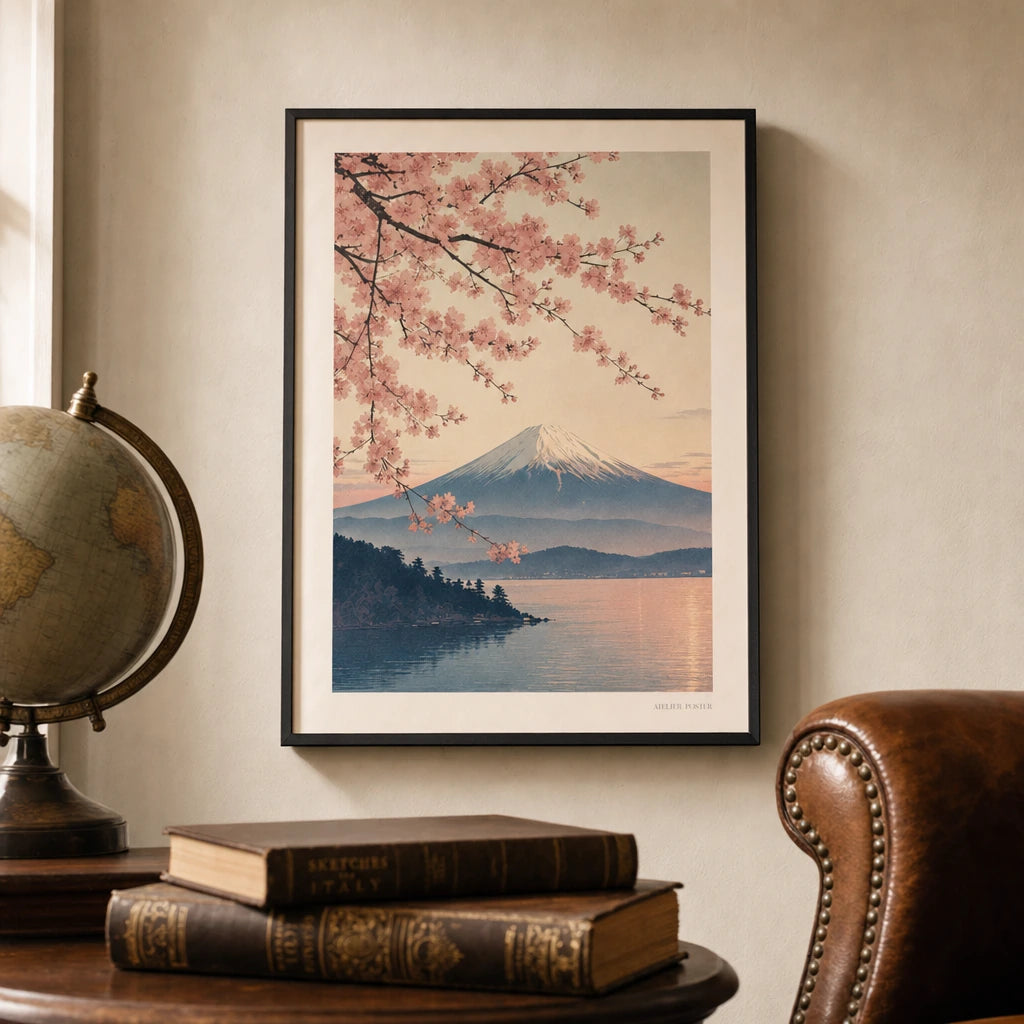 Tokyo Mt Fuji Poster — Japanese woodblock-style Mt Fuji with cherry blossoms, lifestyle in interior, Atelier Poster