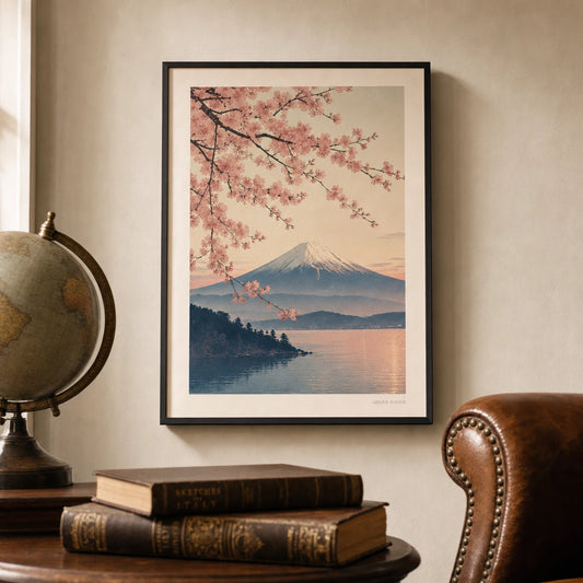 Tokyo Mt Fuji Poster — Japanese woodblock-style Mt Fuji with cherry blossoms, lifestyle in interior, Atelier Poster