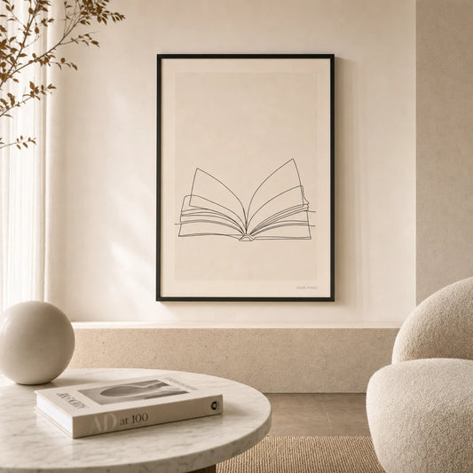 Open Book Line Poster — Single-line open book with spread pages in thin black, lifestyle in interior, Atelier Poster