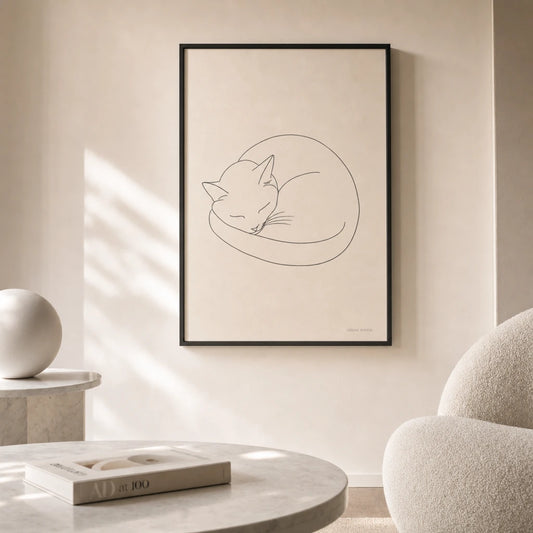 Sleeping Cat Line Poster — Single-line sleeping curled cat with tail wrapped around, lifestyle in interior, Atelier Poster