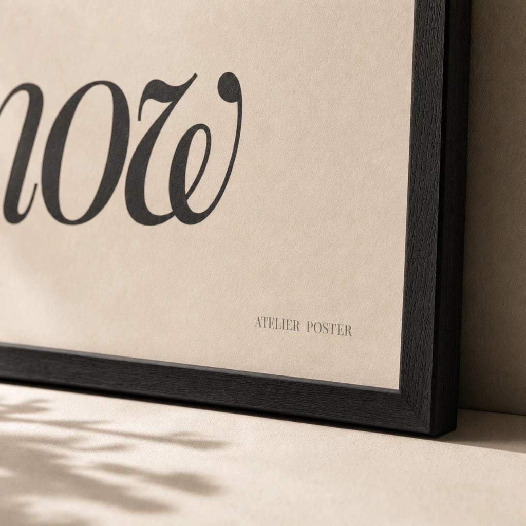 Be Here Now Poster — Elegant serif italic 'be here now' Ram Dass present moment, close-up detail of print, Atelier Poster