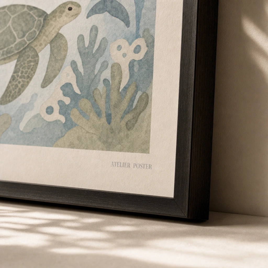 Ocean Creatures Trio Poster — Whale dolphin sea turtle in soft blue and sage tones, close-up detail of print, Atelier Poster