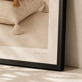 Bohemian Floor Pillow Poster — Three stacked bohemian floor pillows with tassel corners, close-up detail of print, Atelier Poster