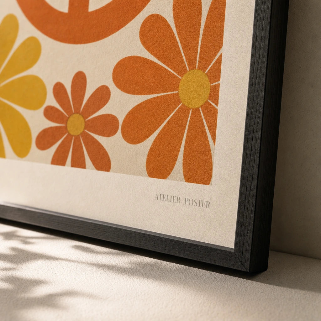 Peace Sign Daisies 60s Poster — Peace sign with daisies 1960s flower power orange and yellow, close-up detail of print, Atelier Poster