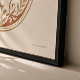 Boho Hamsa Hand Poster — Traditional hamsa hand with palm patterns in warm gold, close-up detail of print, Atelier Poster