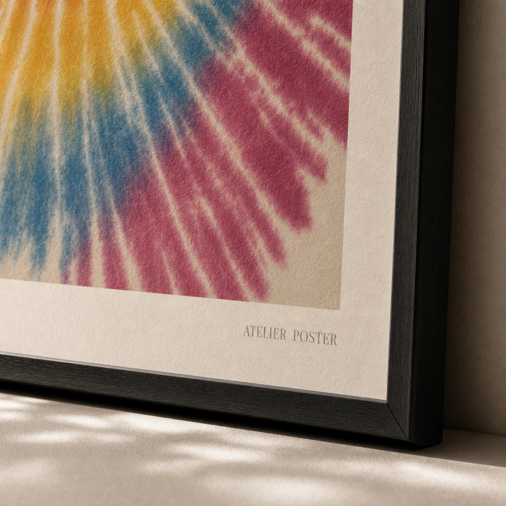Tie Dye Spiral 60s Poster — Hand-drawn tie-dye spiral 1960s rainbow counter-culture, close-up detail of print, Atelier Poster