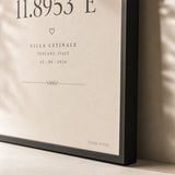 Wedding Coordinates Custom Poster — Personalized wedding venue coordinates elegant serif typography, close-up detail of print, Atelier Poster