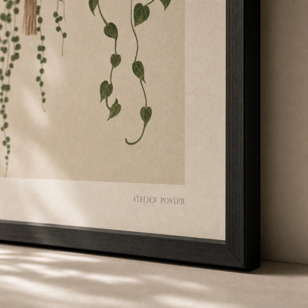 Boho Hanging Plants Trio Poster — Three hanging trailing plants in terracotta pots on macrame, close-up detail of print, Atelier Poster