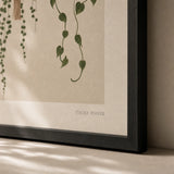 Boho Hanging Plants Trio Poster — Three hanging trailing plants in terracotta pots on macrame, close-up detail of print, Atelier Poster