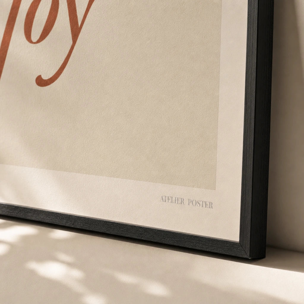 Choose Joy Soft Poster — Handwritten serif italic 'choose joy' terracotta wellness, close-up detail of print, Atelier Poster