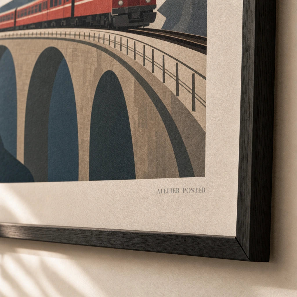 Swiss Alps Mountain Railway Poster — 1920s Swiss Alps with vintage red train on viaduct, close-up detail of print, Atelier Poster
