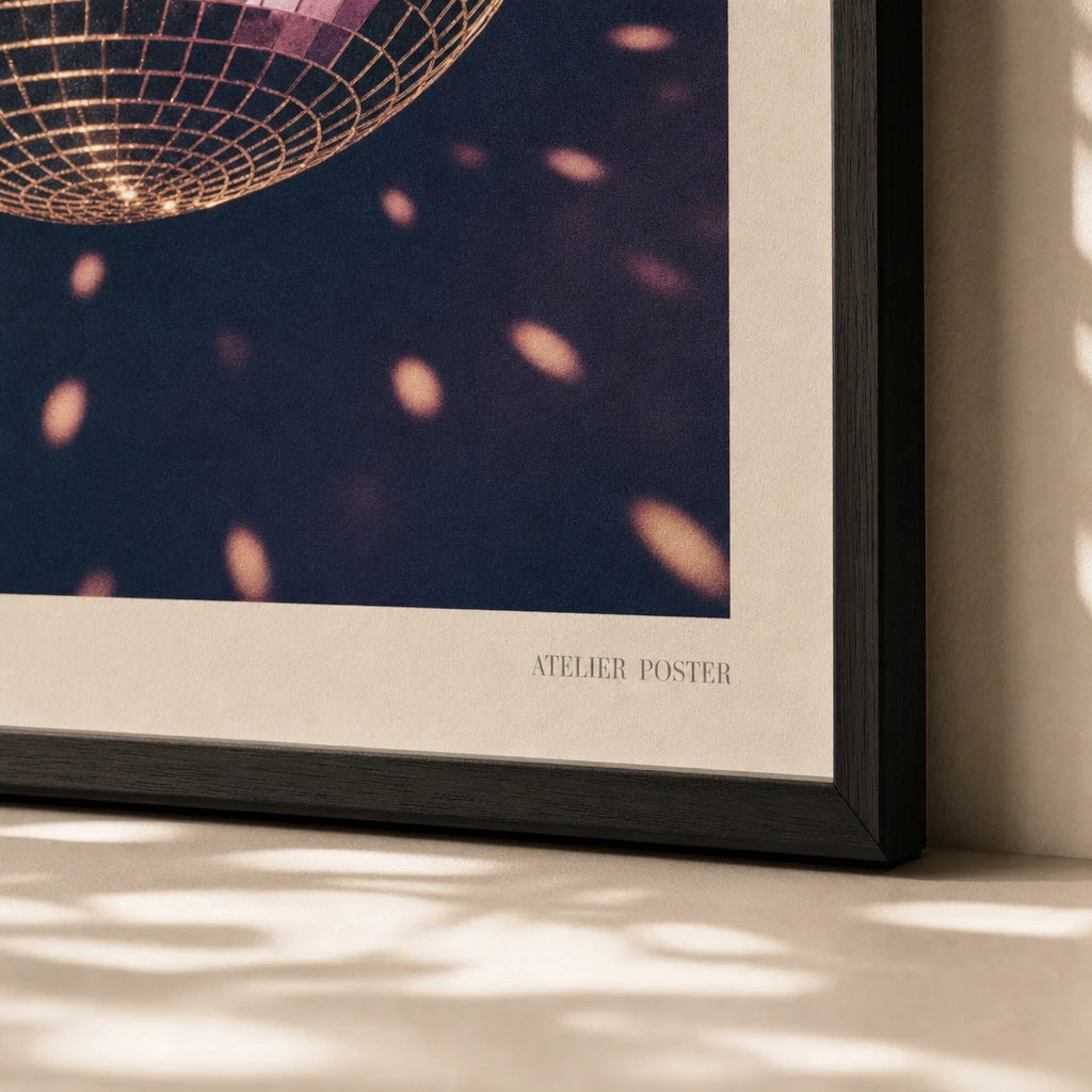 Disco Ball 70s Poster — Glittering disco ball 1970s silver gold on deep navy, close-up detail of print, Atelier Poster