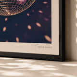 Disco Ball 70s Poster — Glittering disco ball 1970s silver gold on deep navy, close-up detail of print, Atelier Poster