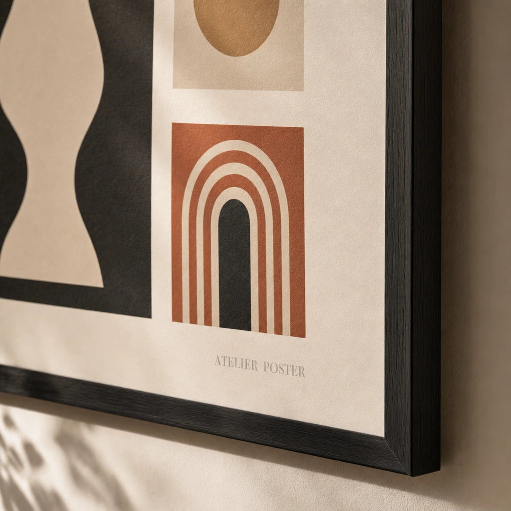Mixed Media Salon Set Gallery Poster — Seven-print salon-style mixed media gallery warm balanced, close-up detail of print, Atelier Poster