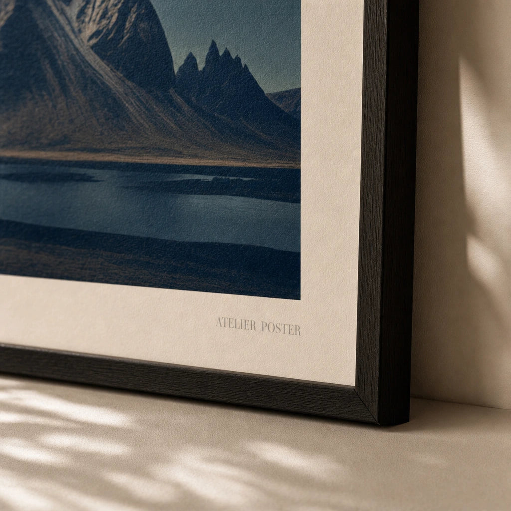 Iceland Northern Lights Poster — Iceland aurora borealis over dark mountain silhouettes, close-up detail of print, Atelier Poster