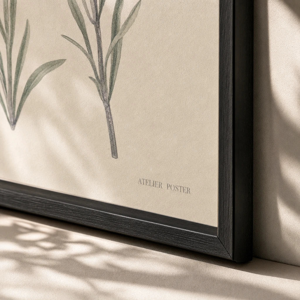 Lavender Stems Poster — Three watercolor lavender stems in soft purple and sage, close-up detail of print, Atelier Poster