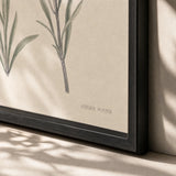 Lavender Stems Poster — Three watercolor lavender stems in soft purple and sage, close-up detail of print, Atelier Poster