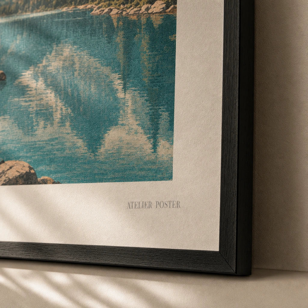 Banff National Park Poster — WPA-style Banff with turquoise lake and Rocky Mountains, close-up detail of print, Atelier Poster