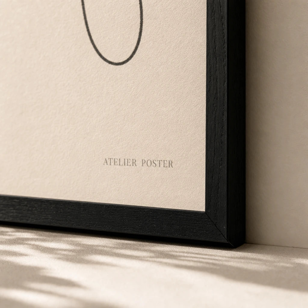 Abstract Curve Composition Poster — Continuous-line abstract organic curve composition in thin black ink, close-up detail of print, Atelier Poster