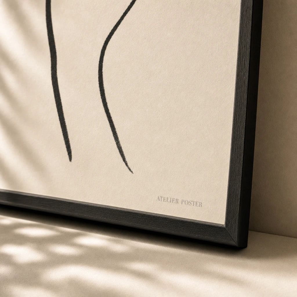 Single Hand Gesture Poster — Minimalist black line hand with extended fingers gesture, close-up detail of print, Atelier Poster