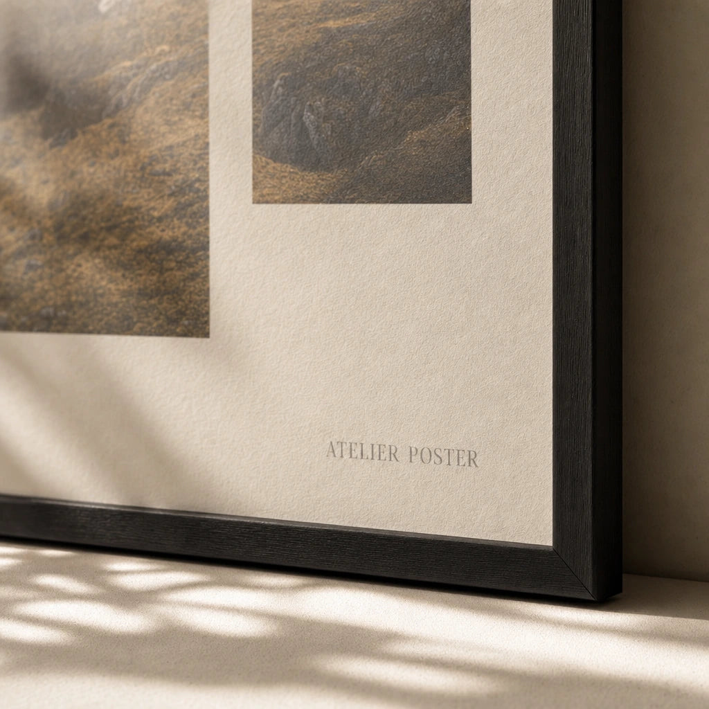 Statement Mountain Flanking Gallery Poster — Statement mountain landscape with two flanking horizon set, close-up detail of print, Atelier Poster
