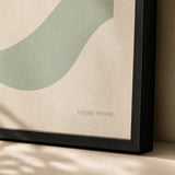 Mint Wave Soft Poster — Single pale mint wave on warm cream soft organic abstract, close-up detail of print, Atelier Poster