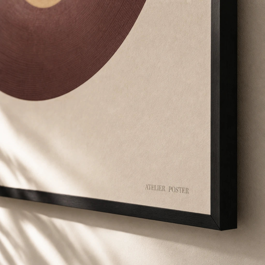 70s Vinyl Record Poster — Vintage 1970s vinyl record album burgundy and warm gold, close-up detail of print, Atelier Poster