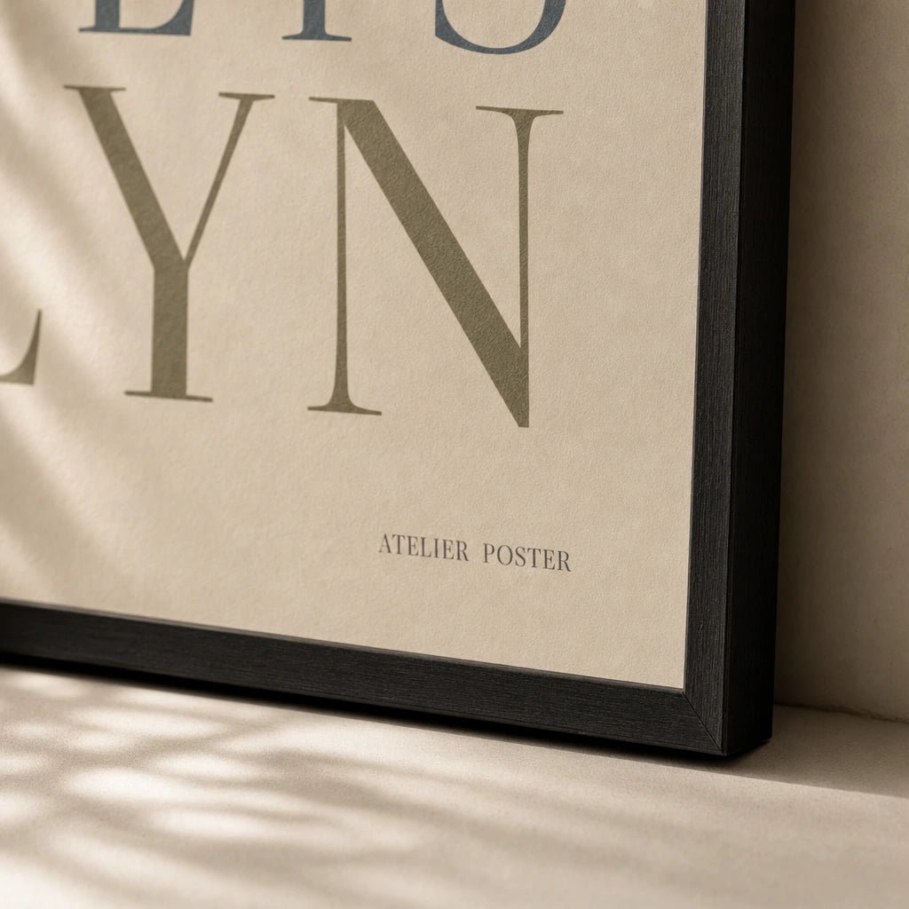 Sibling Names Custom Poster — Personalized sibling names elegant serif typography keepsake, close-up detail of print, Atelier Poster