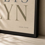 Sibling Names Custom Poster — Personalized sibling names elegant serif typography keepsake, close-up detail of print, Atelier Poster