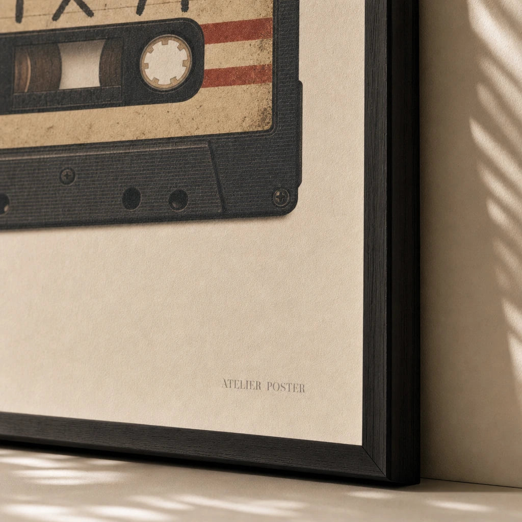 90s Grunge Cassette Poster — Vintage 90s cassette MIX 94 grunge hand-drawn lo-fi, close-up detail of print, Atelier Poster