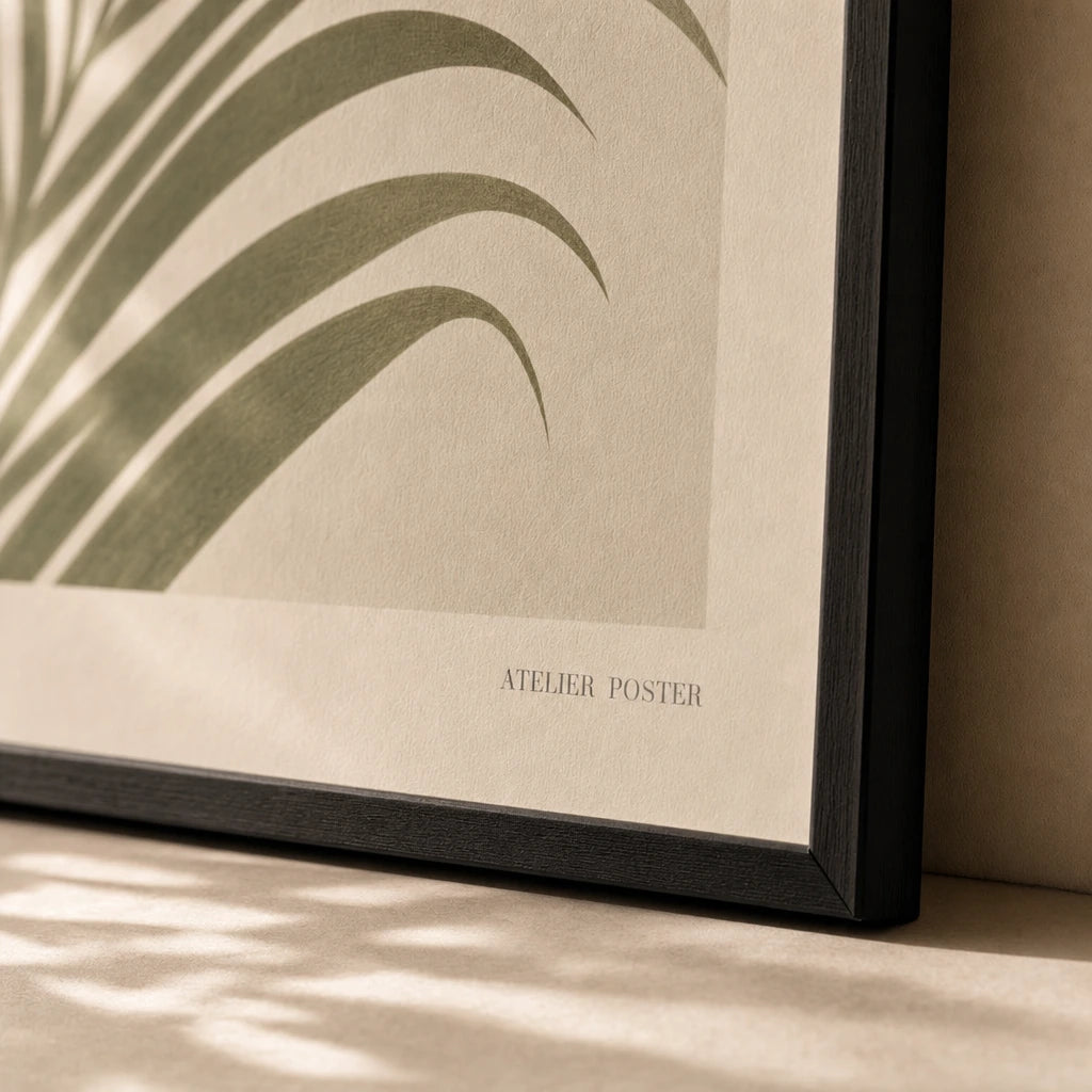 Palm Frond Single Poster — Single tall palm frond in muted olive and sage tones, close-up detail of print, Atelier Poster