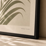 Palm Frond Single Poster — Single tall palm frond in muted olive and sage tones, close-up detail of print, Atelier Poster