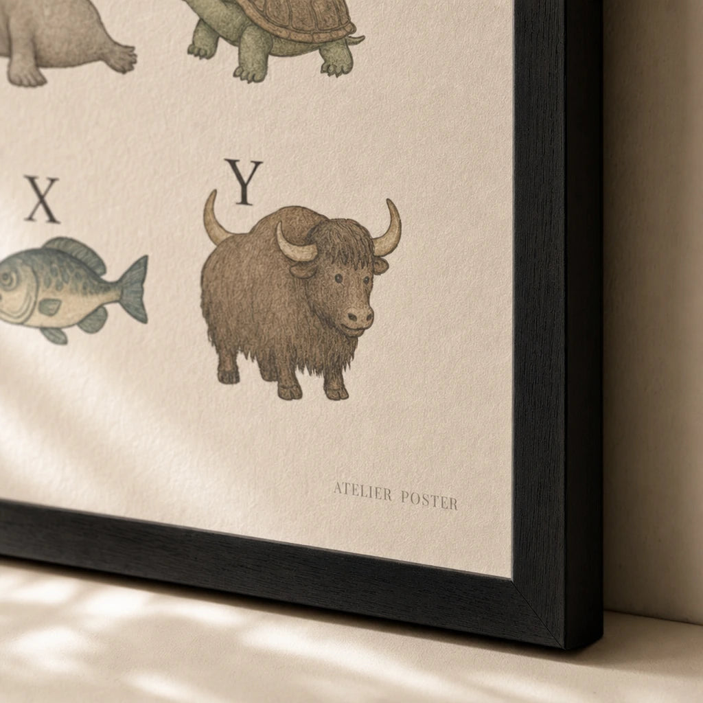ABC Animal Alphabet Poster — Animal alphabet A-Z in soft pastel illustration tones, close-up detail of print, Atelier Poster